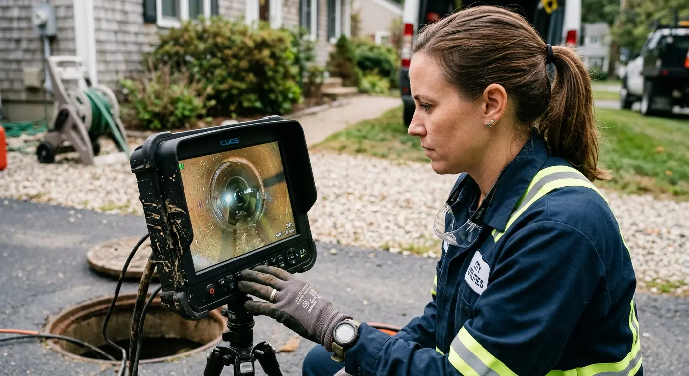 Technician reviewing sewer camera inspection footage in Piscataway