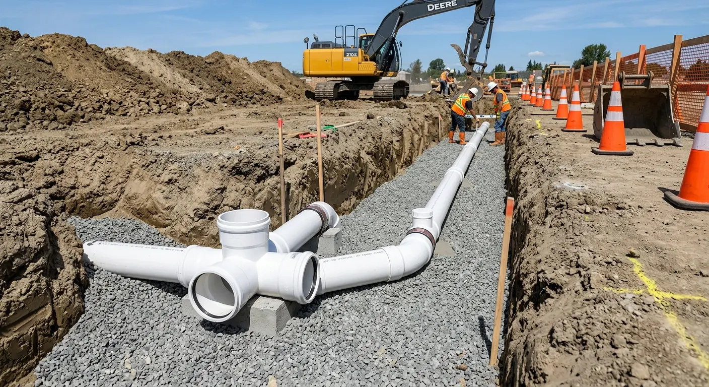 New PVC sewer pipe installation in open trench for Sewer Backup in Piscataway