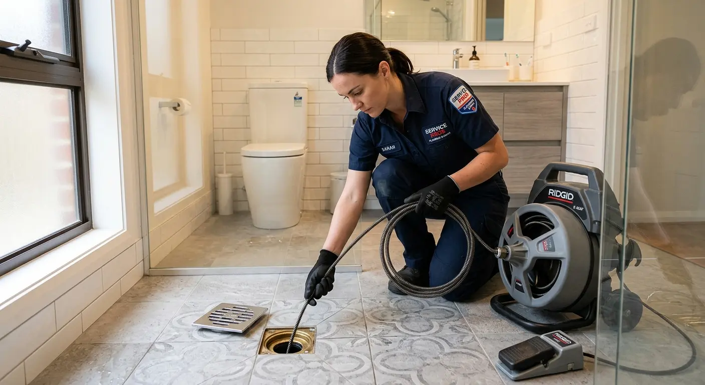 Technician clearing a bathroom floor drain for Clogged Drain Repair in Piscataway